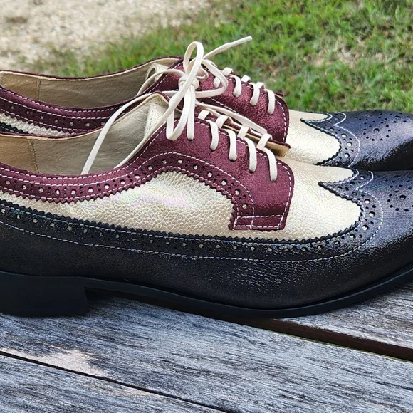 Girotti International Handmade Metallic Leather  Colorblock Oxford Shoes 43 - Picture 6 of 6